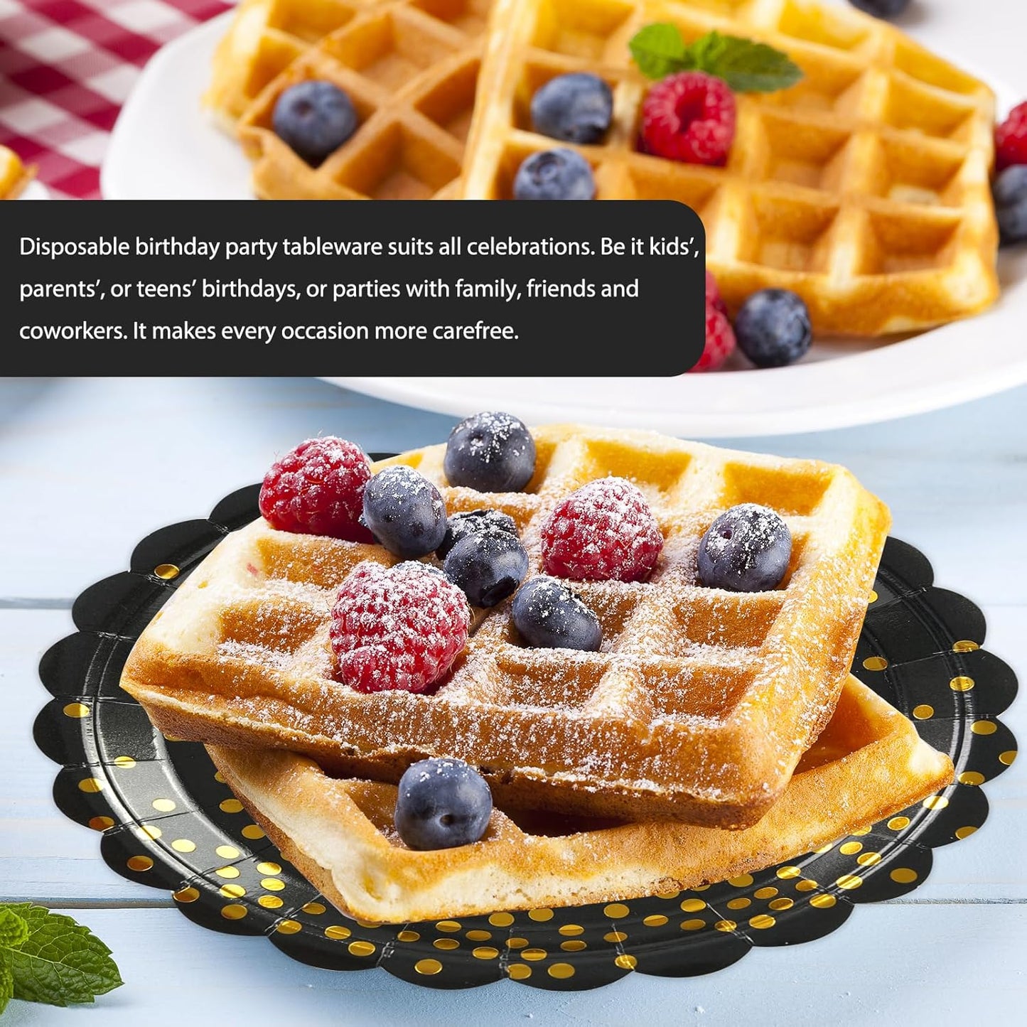 50PCS Black and Gold Paper Plates, 7 Inch Black Scalloped Party Plates Disposable Dessert Plate Cake Plate for Graduation Retirement Aniversary Birthday Dinner