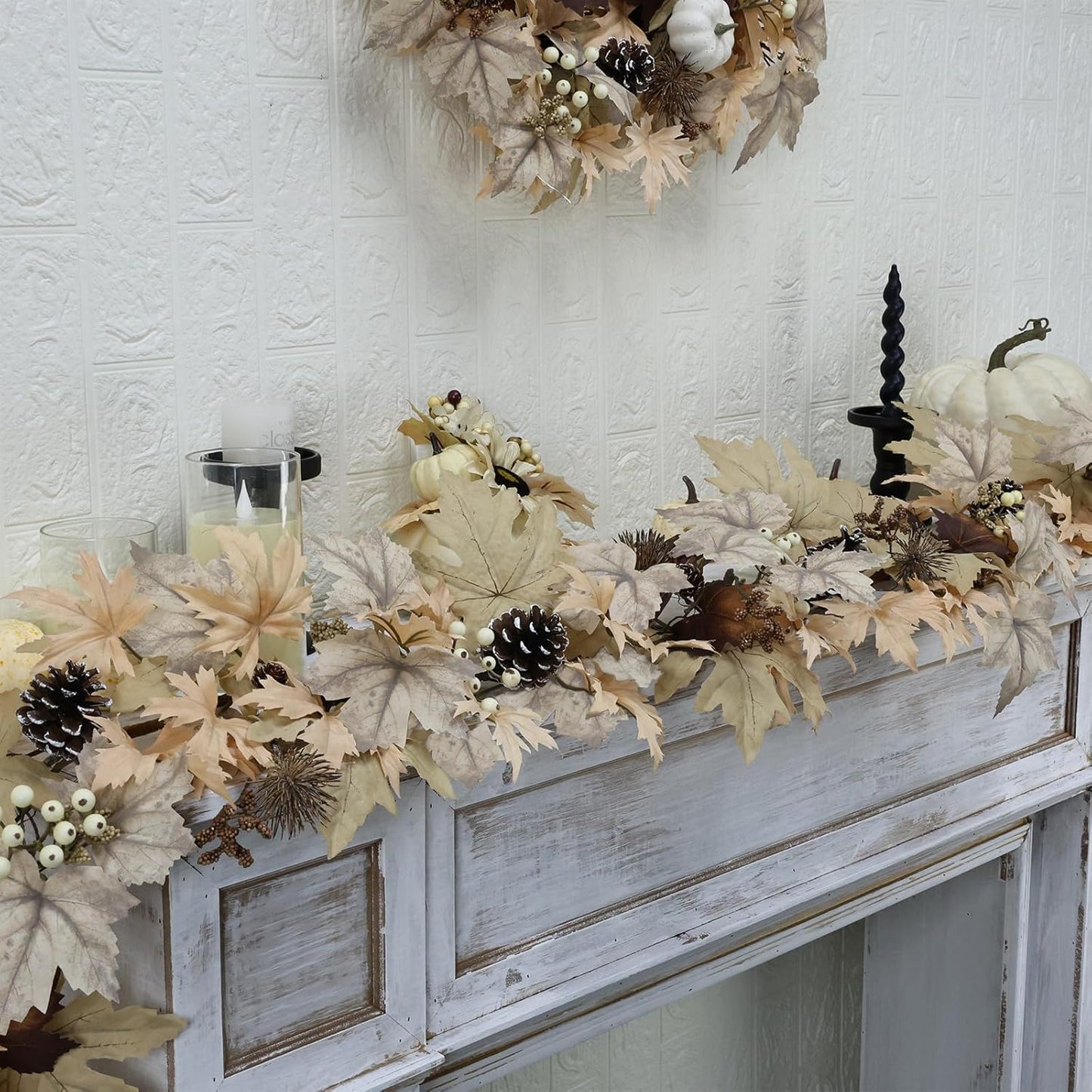 Realistic Fall Garland with Lights, 6 FT Real Touch Feel Leaves Garland with Berries Pine Cones, Fall Decorations for Home Thanksgiving Halloween Decorations Indoor Farmhouse Porch Fireplace