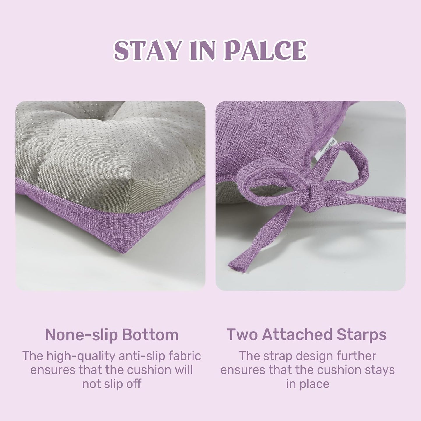 puredown® Chair Cushions for Dining Chairs, Tufted Memory Foam Chair Pads with Non-Slip Backing, Kitchen Seat Cushions with Ties, Washable Seat Pads Set of 4, 15.5" x 15.5" x 4", Purple