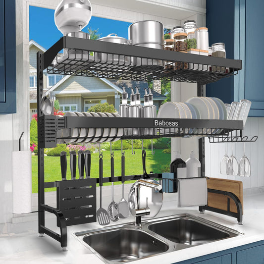 Over The Sink Dish Drying Rack,3 Tier Adjustable Length (25.5'' to 37.4'') Full Stainless Steel Large Storage Kitchen Dish Rack,for Kitchen Counter Expandable Multifunctional Organizers,Black