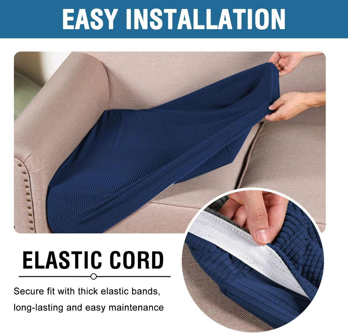 H.VERSAILTEX Super Stretch Individual Seat Sofa Covers Slipcover Sets Thick Jacquard Textured Twill Fabric (2 Piece Medium Sofa Cushion Covers, Navy)