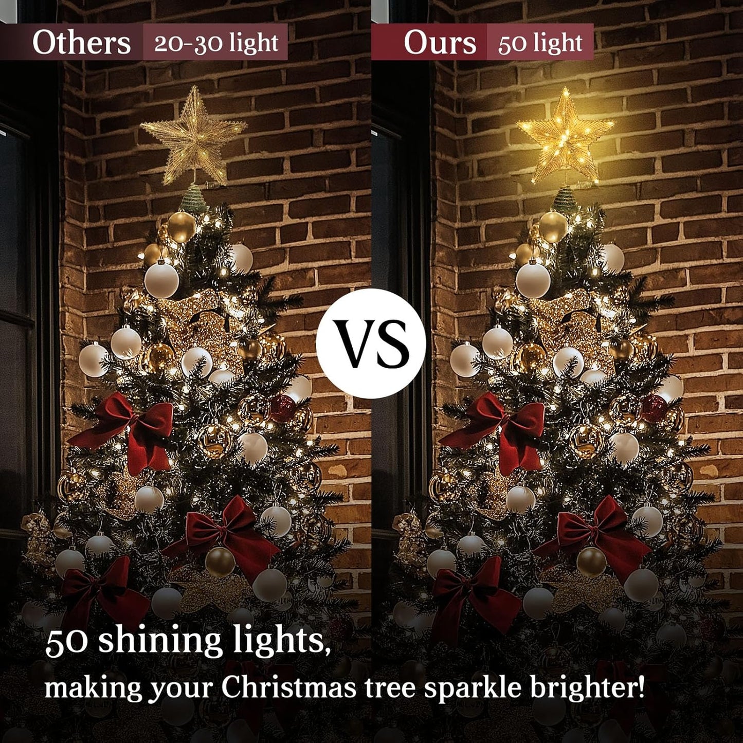 Christmas Tree Topper Star Gold, Christmas Tree Toppers with 50 Warm White LED Lights, Tradition Tree Topper Star for Home Holiday Xmas Tree Christmas Decor, Glitter Gold