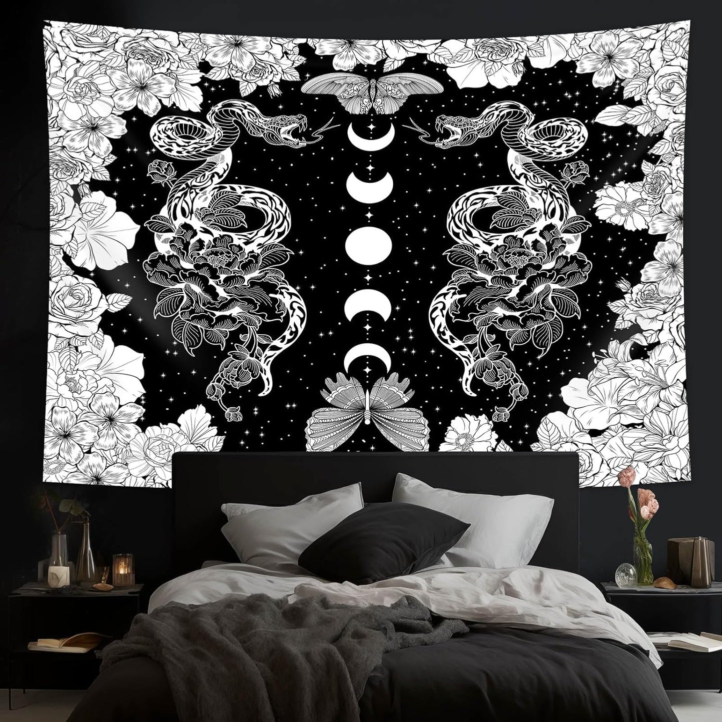 dueeia Moon Phase Witchy Tapestry Wall Hanging Snake Witch Occult Black and White Dark Tapestries for Bedroom Aesthetic Living Room Wall Decor (90.6"x70.9")