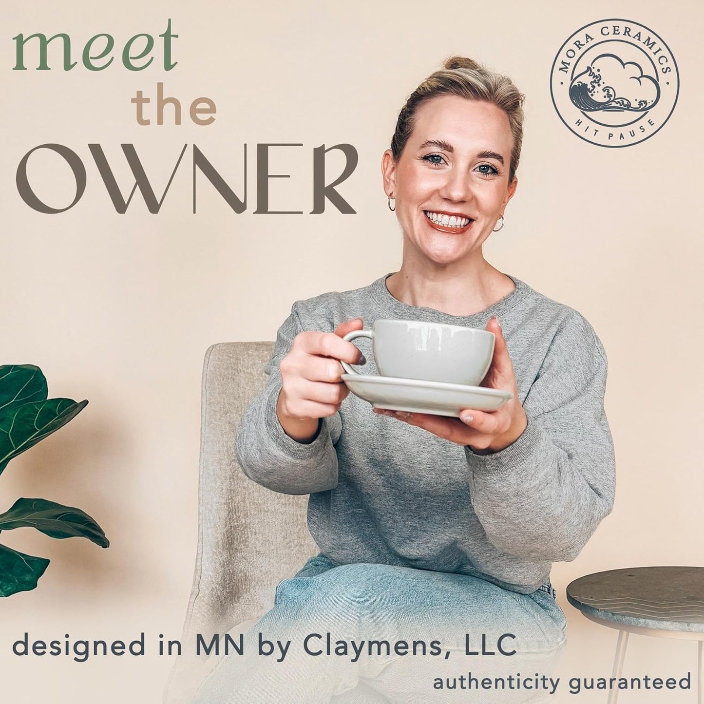 Mora Ceramic Latte Art Mug With Saucer - 10.5 oz, Round Bottom For Perfect Pours - Cafe Cups for Cappuccino, Espresso, Coffee, Tea etc - Porcelain Set for Baristas, Great Gift - Earl Grey