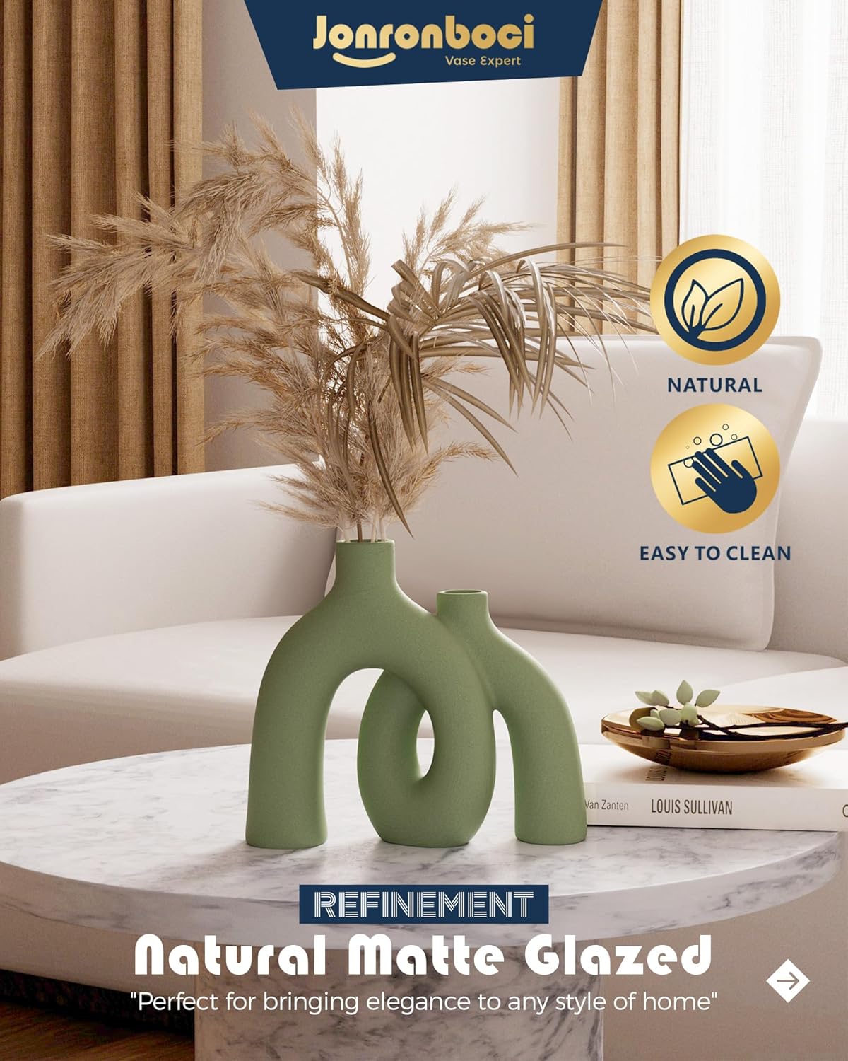 Hug Donut Decorative Vase Set - Sage Green Modern Nordic Boho Style Vases Home Decor,Matte Ceramic Decorations for Living Room Shelf, Bookshelf Mantle Entryway Table or Console Décor(Green)