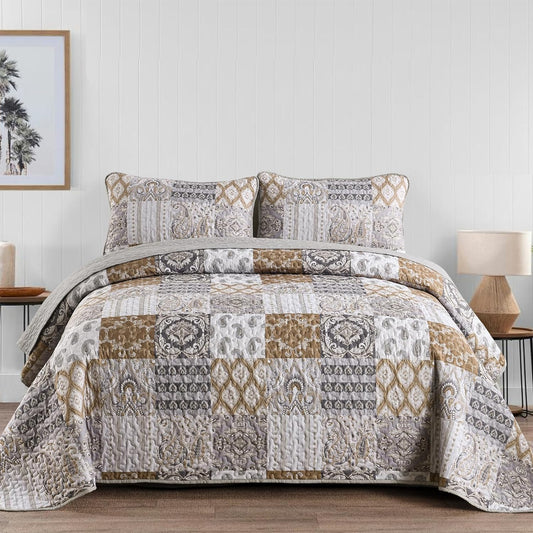 WONGS BEDDING Brown Quilt Set Queen Size, Patchwork Plaid Bedspread Bedding Sets Paisley Soft Microfiber Quilts for Queen Bed 3 Pieces Coverlet Set for All Season (96"x90")