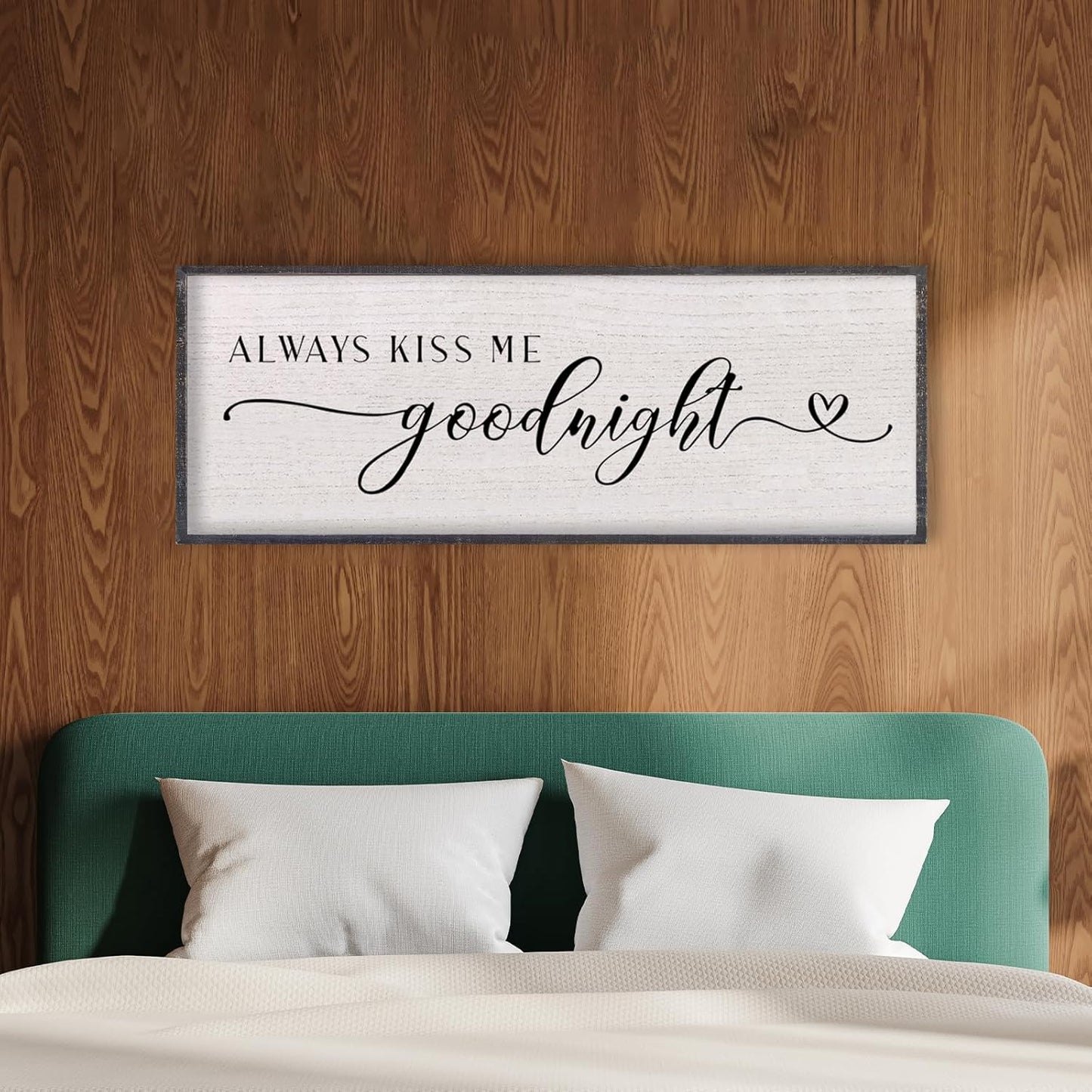 LuZhiQiang Above Bed Love Theme Wall Decor Always Kiss Me Goodnight Sign 40"×15" Wood Framed for Master Bedroom Over Bed Wall Art (Black)
