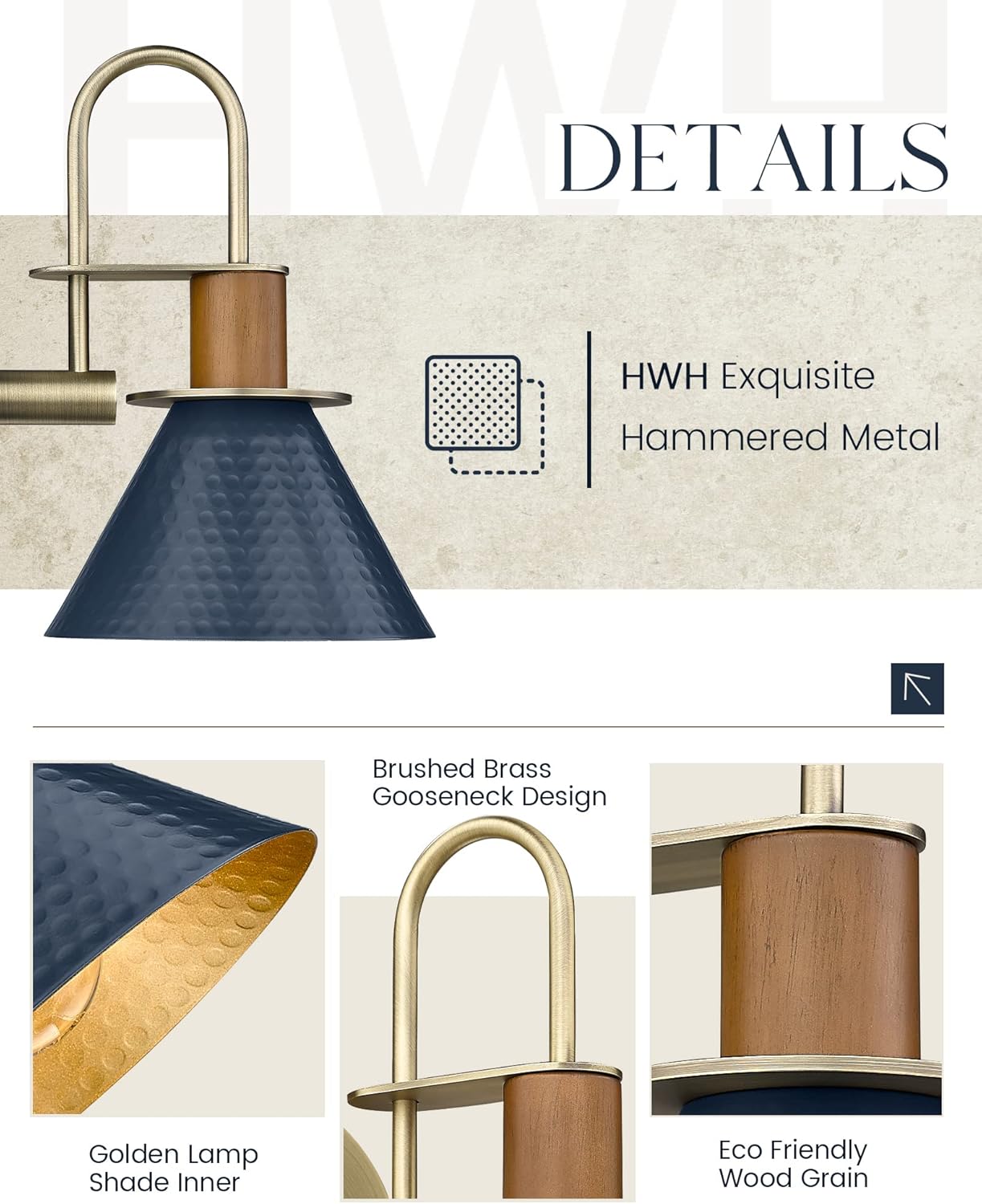 Modern Wall Sconces, HWH Industrial Sconce Wall Lighting Indoor Wall Lamp, Gooseneck 1-Light Barn Vanity Light for Kitchen Bedroom, Hammered Metal Shade, Navy Blue Finish, 5HZG74B-L BL+BG