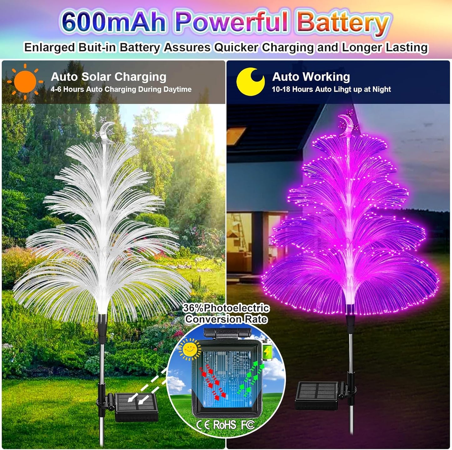 Solar Christmas Tree Lights Decorations Outdoor Waterproof 5 Layer Optical Fiber 7 Color Changing for Yard Pathway Outside Decorative Gifts Christmas, 3 Pack