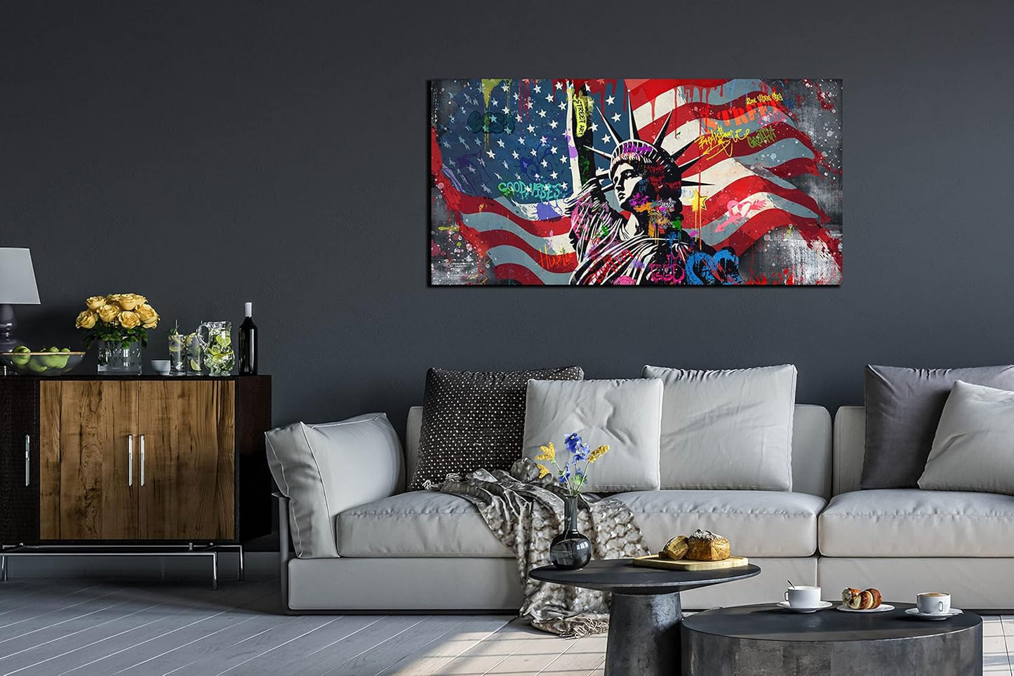 JKWALL77 American Flag Wall-Decor - Banksy Graffiti Canvas Wall Art - Office Pictures For Wall Ready To Hang Size 40" x 20"