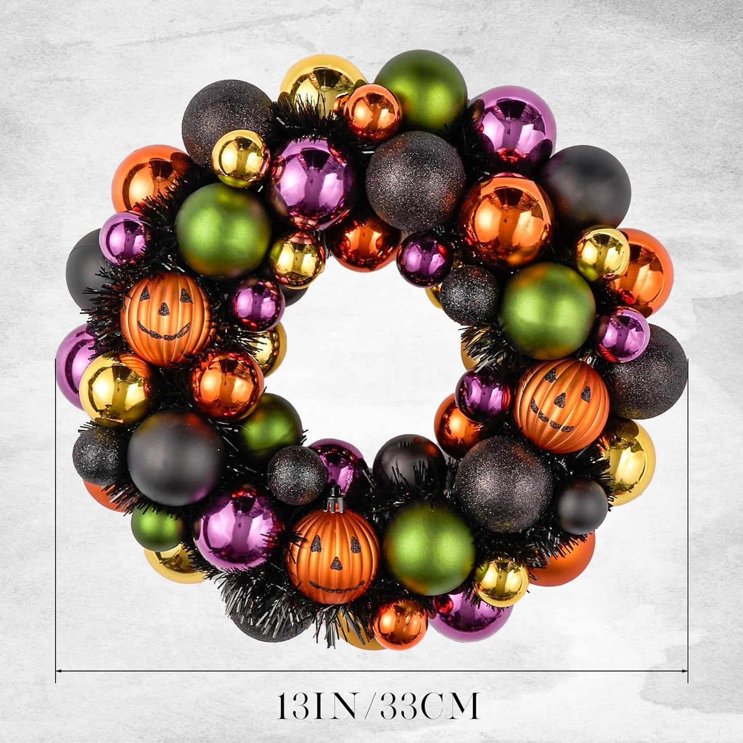 JORNOY 13inch Small Halloween Ball Wreath with Ghost&Pumpkin Accents - Seasonal Orange/Black Wall Hanging, Front Door, Mantel, Porch Decor for Home