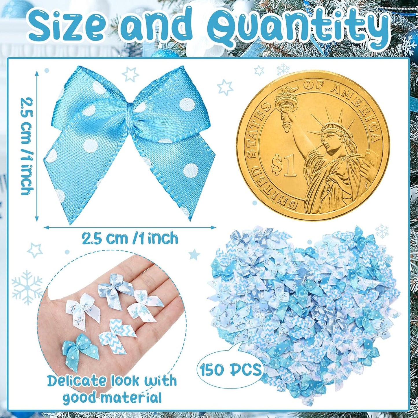 Syhood 150 Pcs Christmas Mini Bow Tiny Twist Tie Bow Handmade Craft Ribbon for DIY Sewing Party Decor(Blue and White,Snowy)
