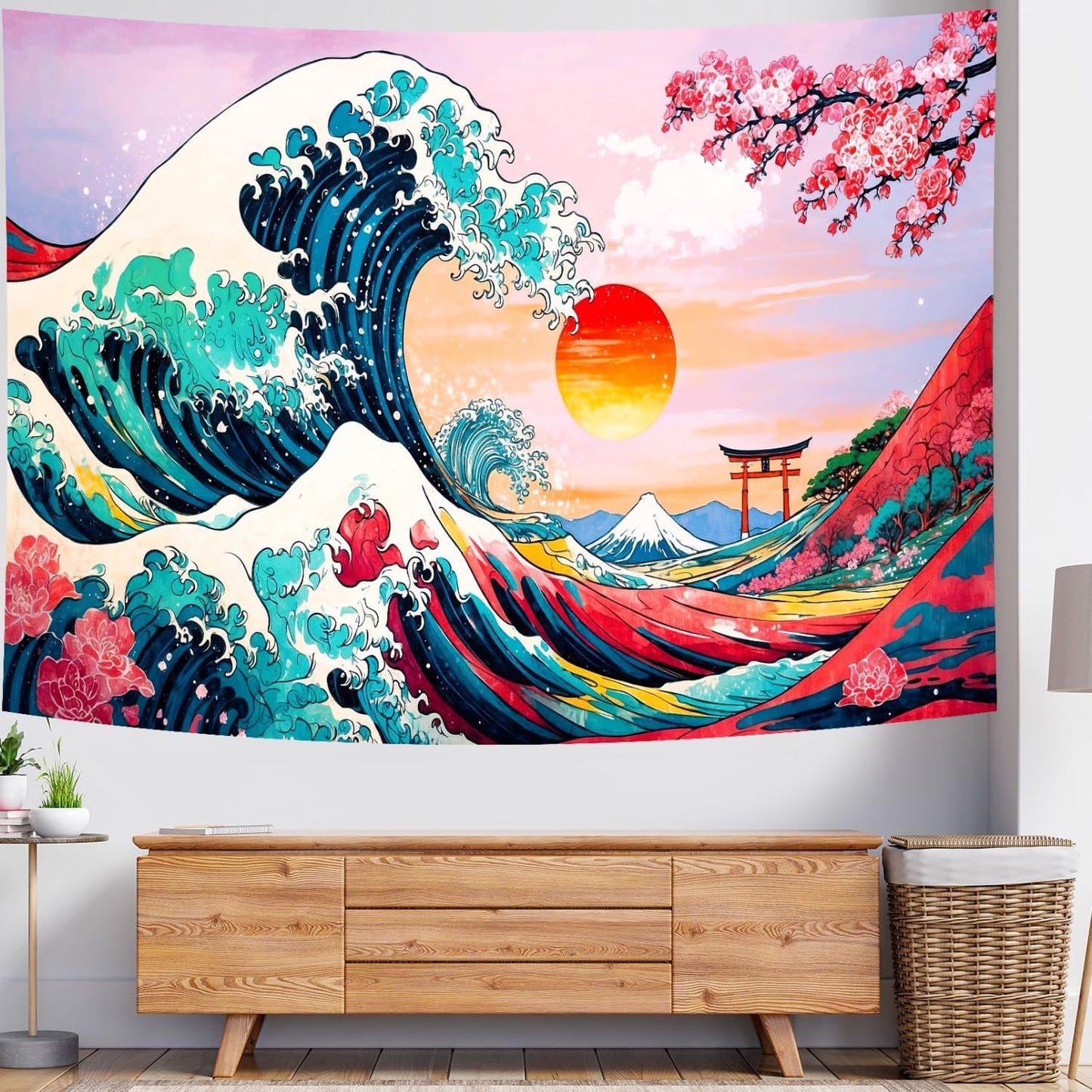 Delur Great Wave Tapestry Japanese Sunset Ocean Sea Wave Off Kanagawa Tapestry Wall Hanging Vintage Asian Anime Cherry Blossom Nature Headboard for Bedroom Living Room Home Decor (51.2" x 59.1")
