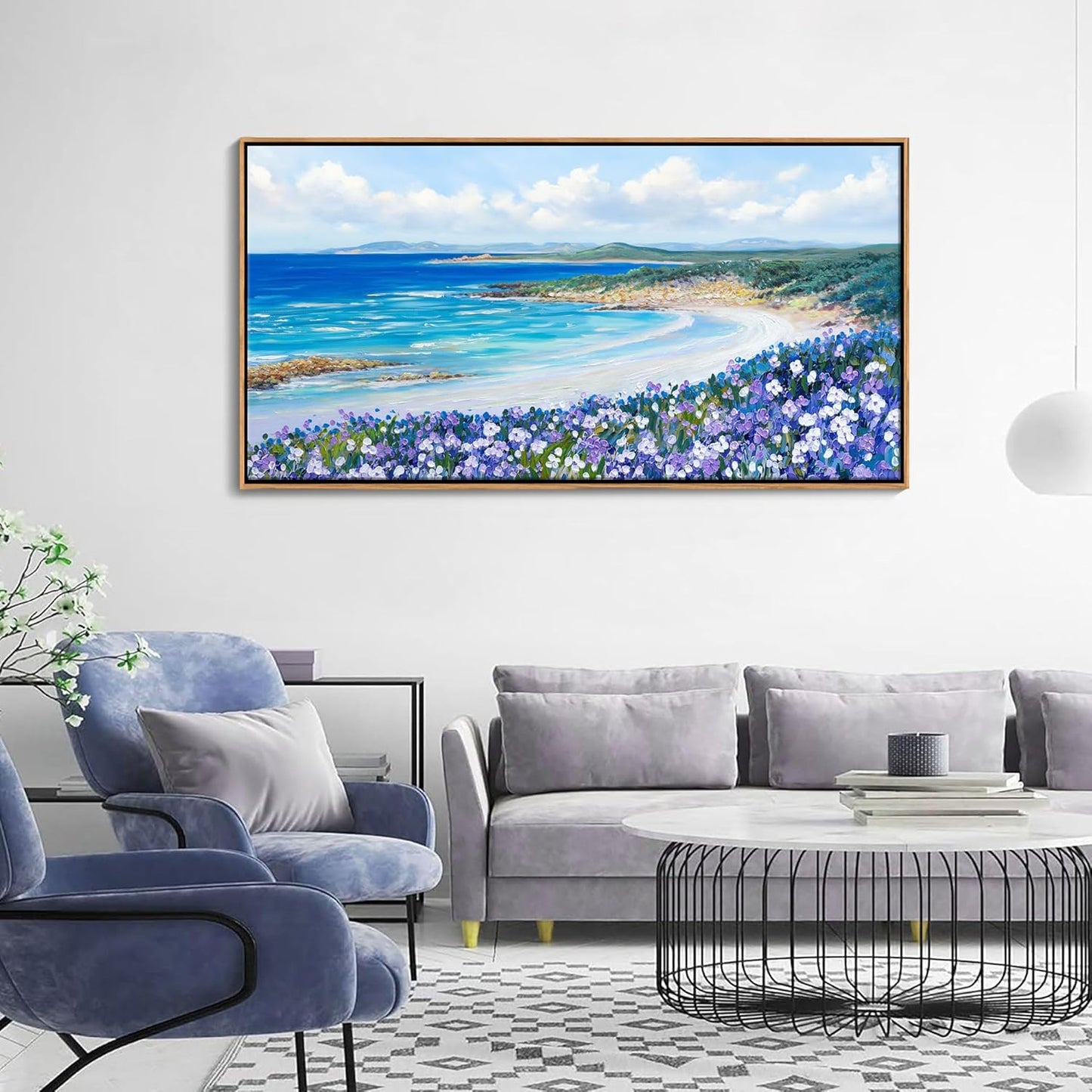 Mofutinpo Coastal Beach Wall Art Large Purple Flower Landscape Canvas Wall Art for Living Room & Bedroom Decor, Framed Blue Beach Pictures & Paintings for Walls,Ocean Artwork for Home & Office 20x40IN
