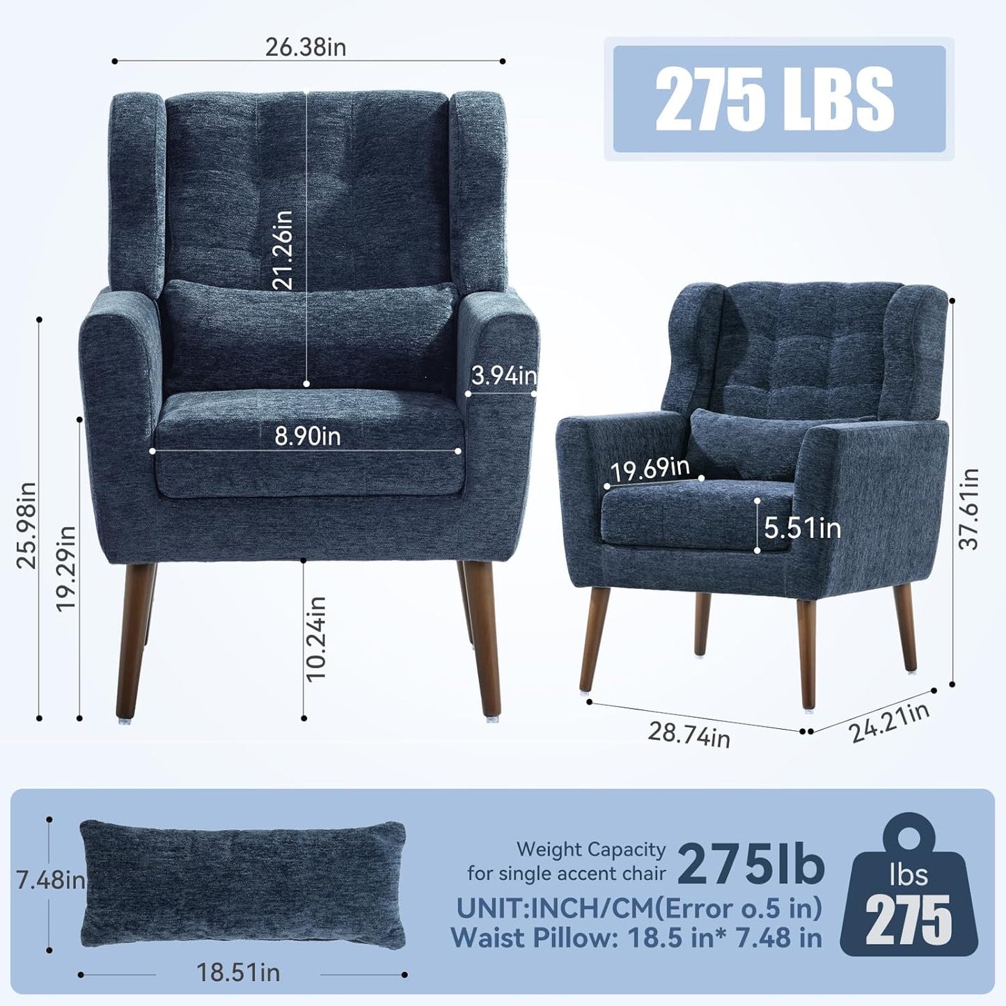 Accent Chair Set of 2, Upholstered Armchair with Pillow, Fabric Single Sofa Chair with Lounge Seat and Wood Legs Accent Chair for Living Room Small Spaces (Dark Blue, Set of 2)
