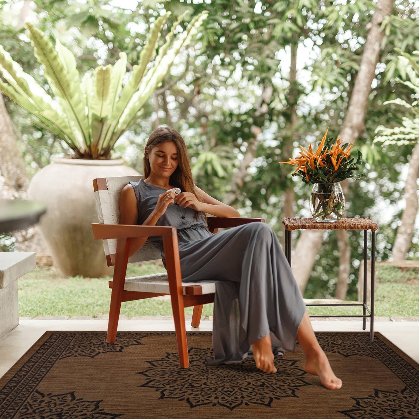 CAMILSON Outdoor Rug, 5x7 Medallion Nut Brown Black Modern Area Rugs for Indoor and Outdoor Patios, Kitchen and Hallway Mats, Washable Porch Deck Outside Carpet (Medallion Nut Brown Black, 5 x 7)