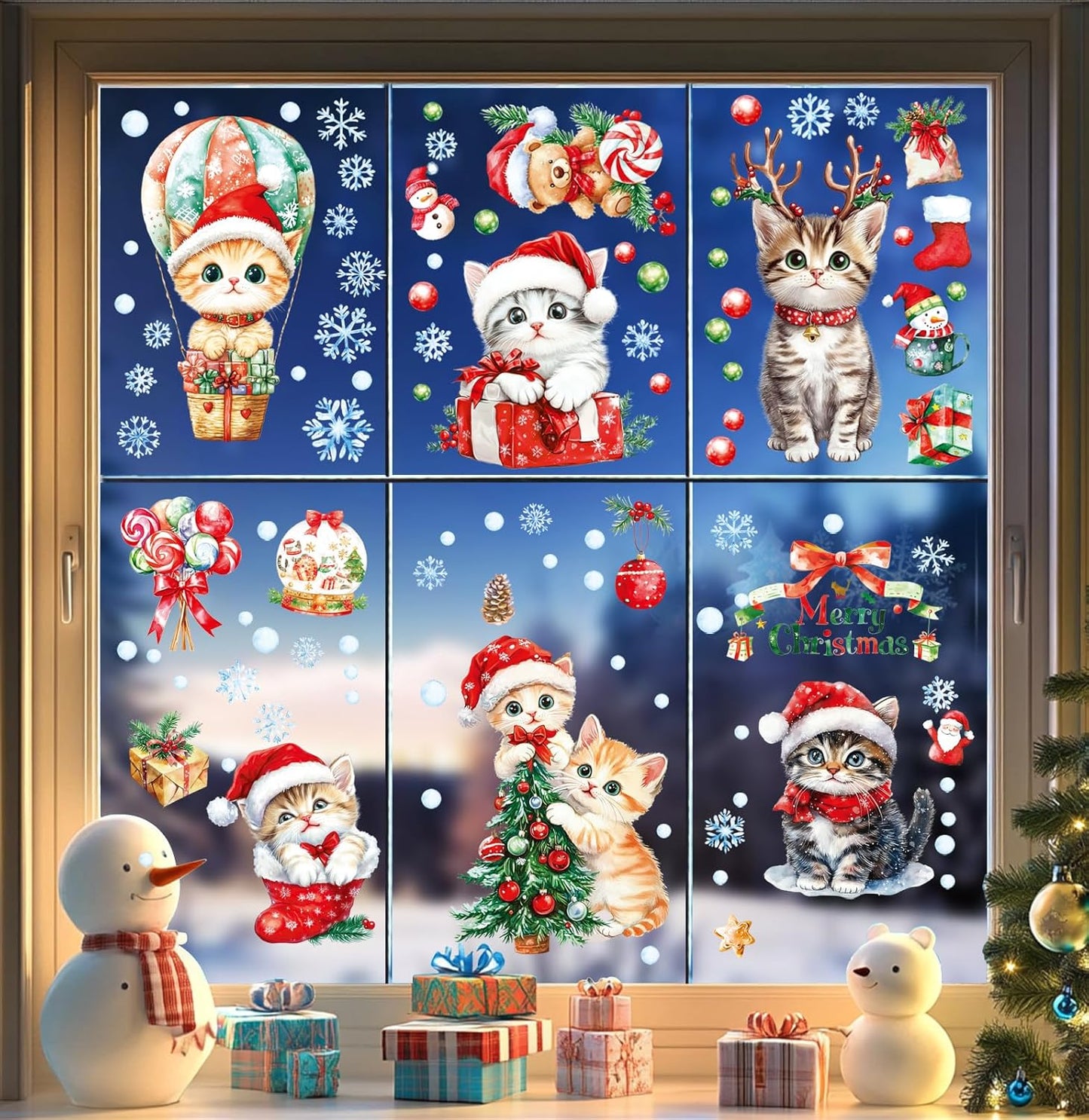 Christmas Window Clings Decorations - Cute Funny Double-Sided Static Stickers for Glass Windows and Doors, Perfect Decorations, with Cat Kitten Pattern, Reusable 9 Sheets