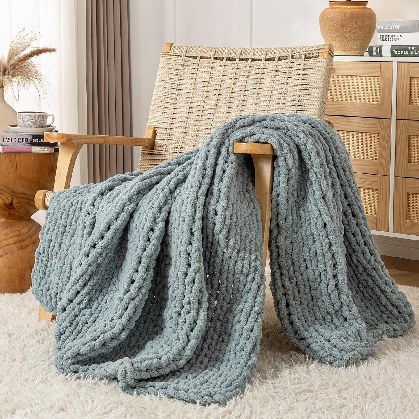 Chunky Knit Blanket Throw, 100% Hand Knit Throw Blanket Handmade Chenille Cable Knit Throw for Couch, Stylish Cozy Soft Rope Knot Crochet Blanket for Home Decor, Chambray Blue, 50x60 Inches