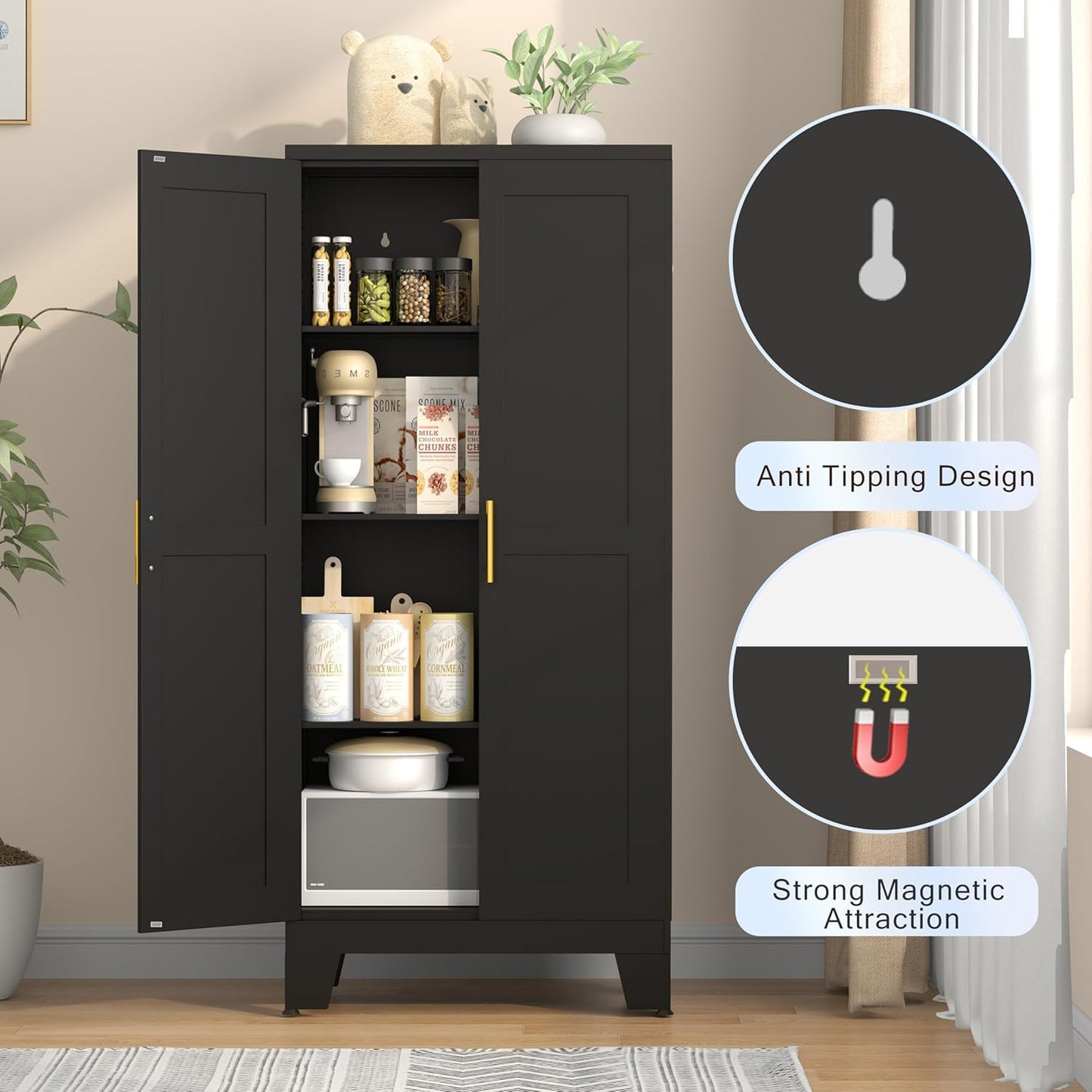 61.02" Kitchen Pantry Cabinet, Pantry Storage Cabinet with 2 Doors and Adjustable Shelves, Black Food Storage for Kitchen, Living Room, Bedroom and Dining Room (Black) Metal Sideboard