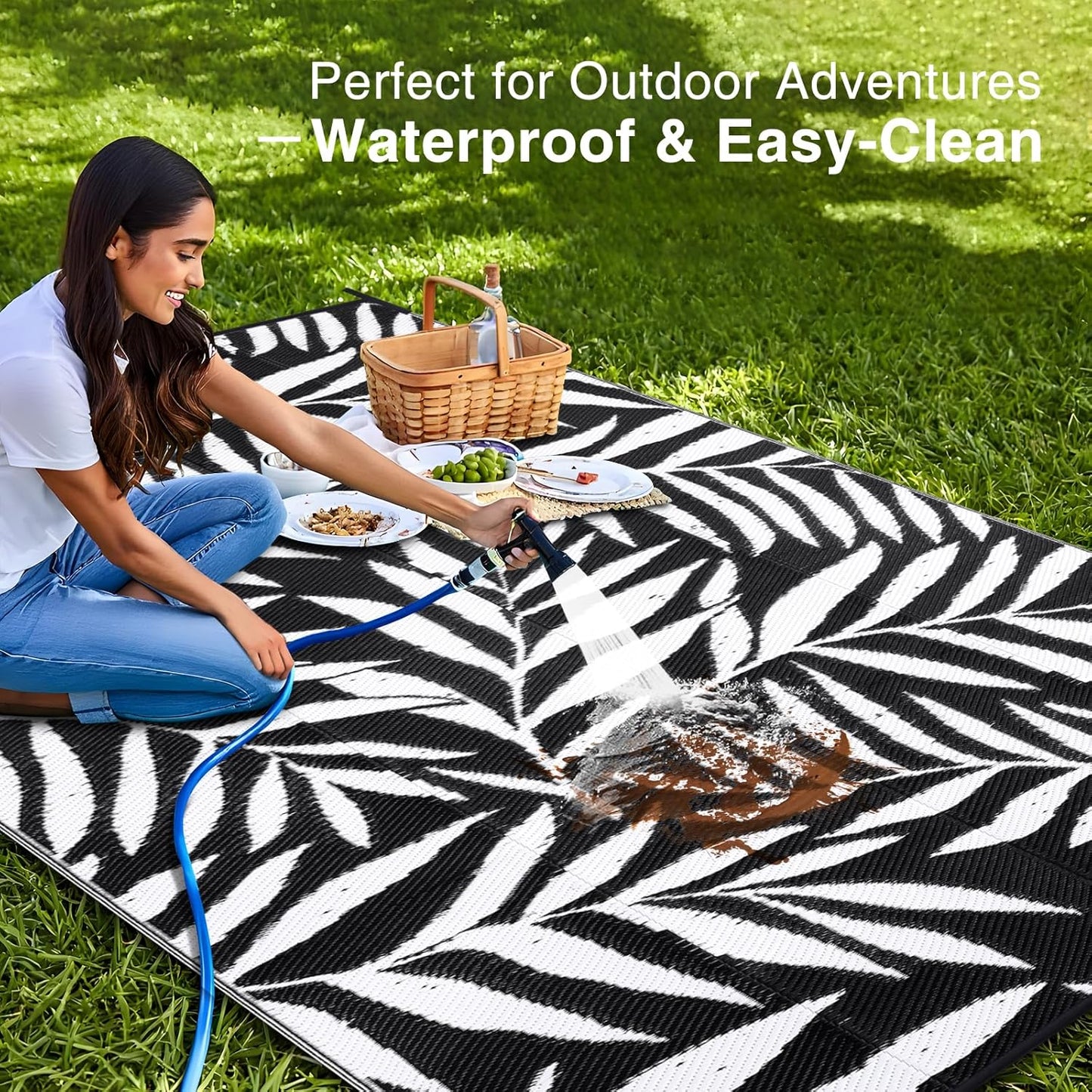 OLANLY Waterproof Outdoor Rug 8x10 ft, Reversible Outdoor Plastic Straw Rug with Leaf Pattern, RV Mat, Indoor Outdoor Carpet for Patio, Camping, Balcony, Deck, Backyard, Black & White