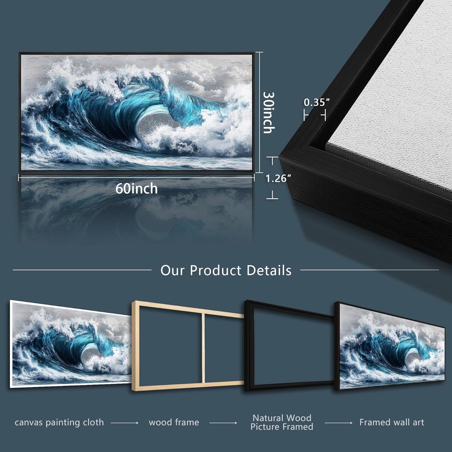 PHAOHUAXM Large Canvas Blue Wave Paintings Wall Art For Living Room Wall Decoration For Bedroom Ocean Wall Pictures Printing Office Decorations Posters Modern Home Decor Black Framed 30x60 In