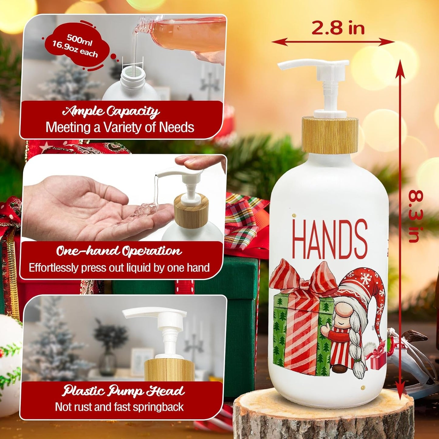 Hexagram Christmas Soap Dispenser Set of 2, Christmas Kitchen Decor, Xmas Gnomes Glass Soap Dispenser for Home Indoor Decorations, Xmas Refillable Lotion Essential Oil Dispensers with Pump