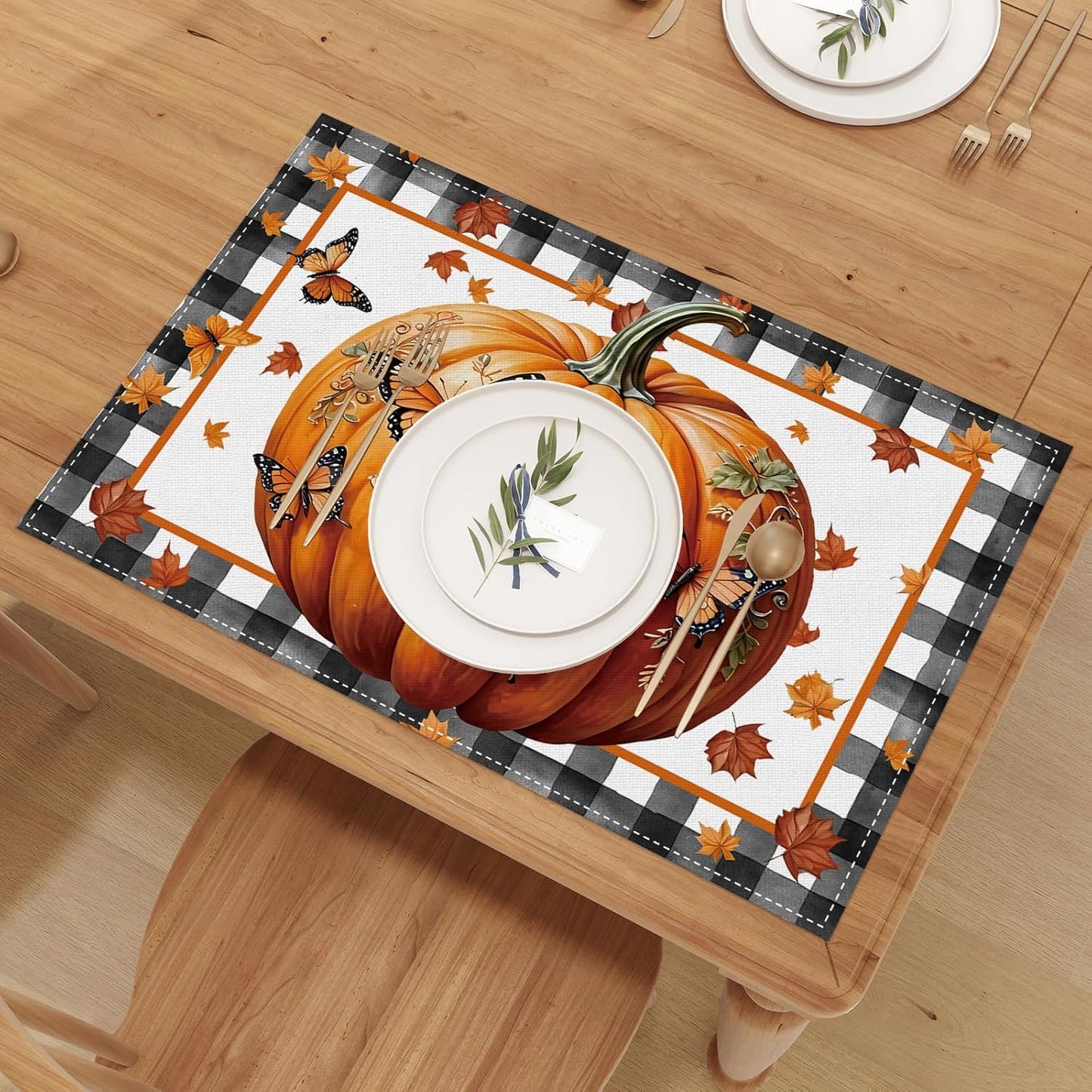 Linen Fall Placemats Set of 4 Fall Table Mats Farmhouse Pumpkin Butterfly Decor for Home Autumn Thanksgiving Home Kitchen Dining Room Table Decorations