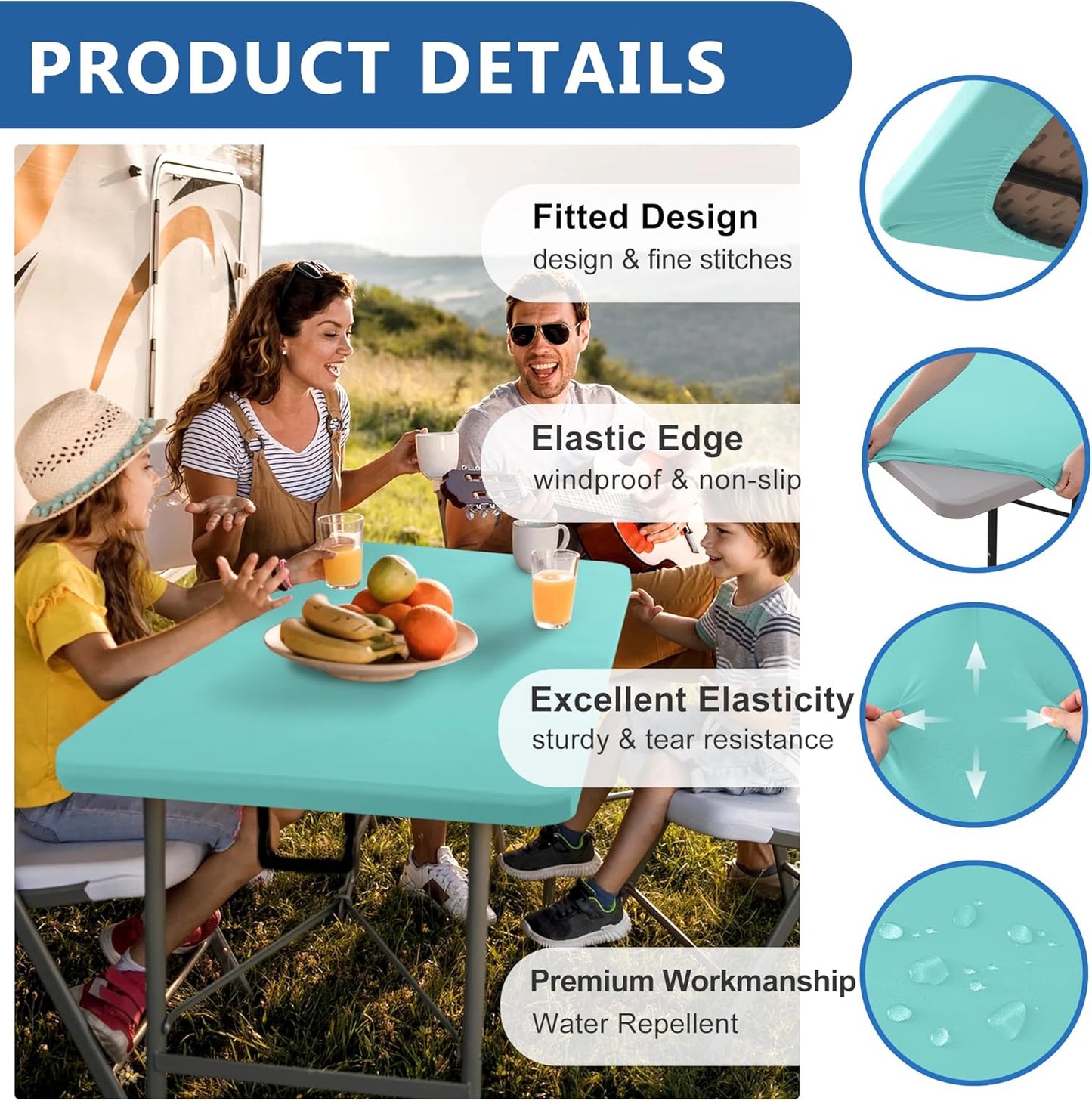 Fitted Tablecloth for 8 foot Rectangle Tables-4 Pack Aqua Blue Elastic Outdoor Picnic Table Cover-Spandex Stretch Folding Table Cloths 8ft for Camping Dining Room Patio Kitchen Banquet Party