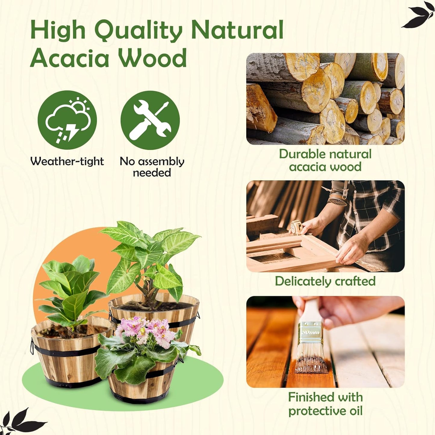 Idzo Set of 3 Wooden Flower Boxes Outdoor, Durable Acacia Wood Barrel Planters for Outdoor Plants with Ergonomic Handles, Drainage Holes, Multiple Sizes Wood Bucket Planter for Home Decor