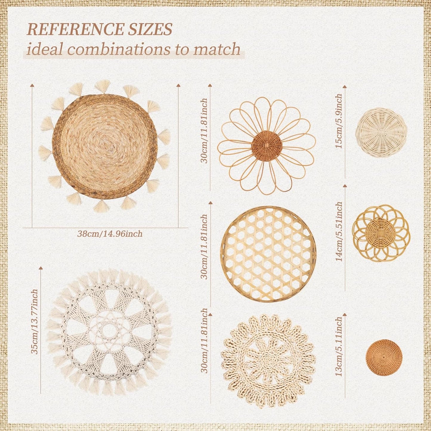 Boho Wall Basket Decor Set of 8 - Flat Woven Basket Wall Hanging Decor,Round Tassels White Macrame Tapestry Wall Decor Art,Handmade Rattan Wicker Seagrass Home Wall Baskets Decor（Boho Classic)