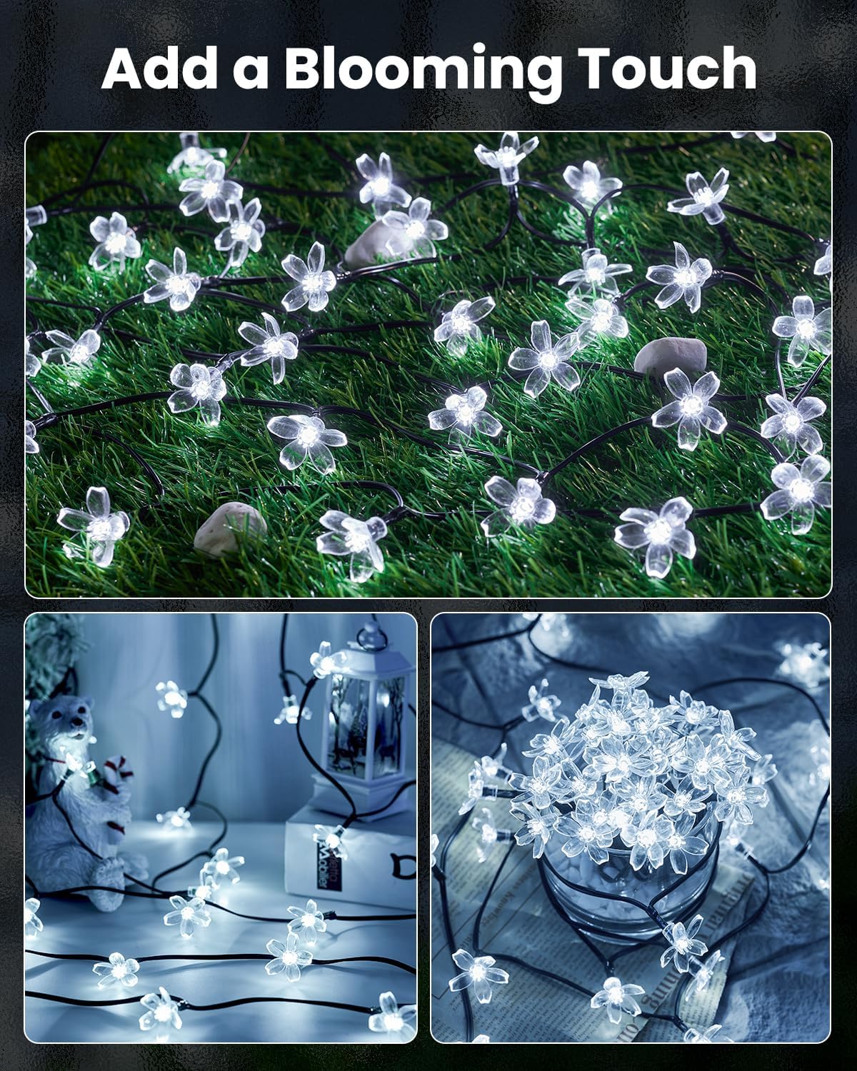 Brightown 60 LED Solar Flower String Lights Outdoor Waterproof Fairy Lights for Garden Yard Fence Patio Christmas Tree Wedding Party Decor, Pure White