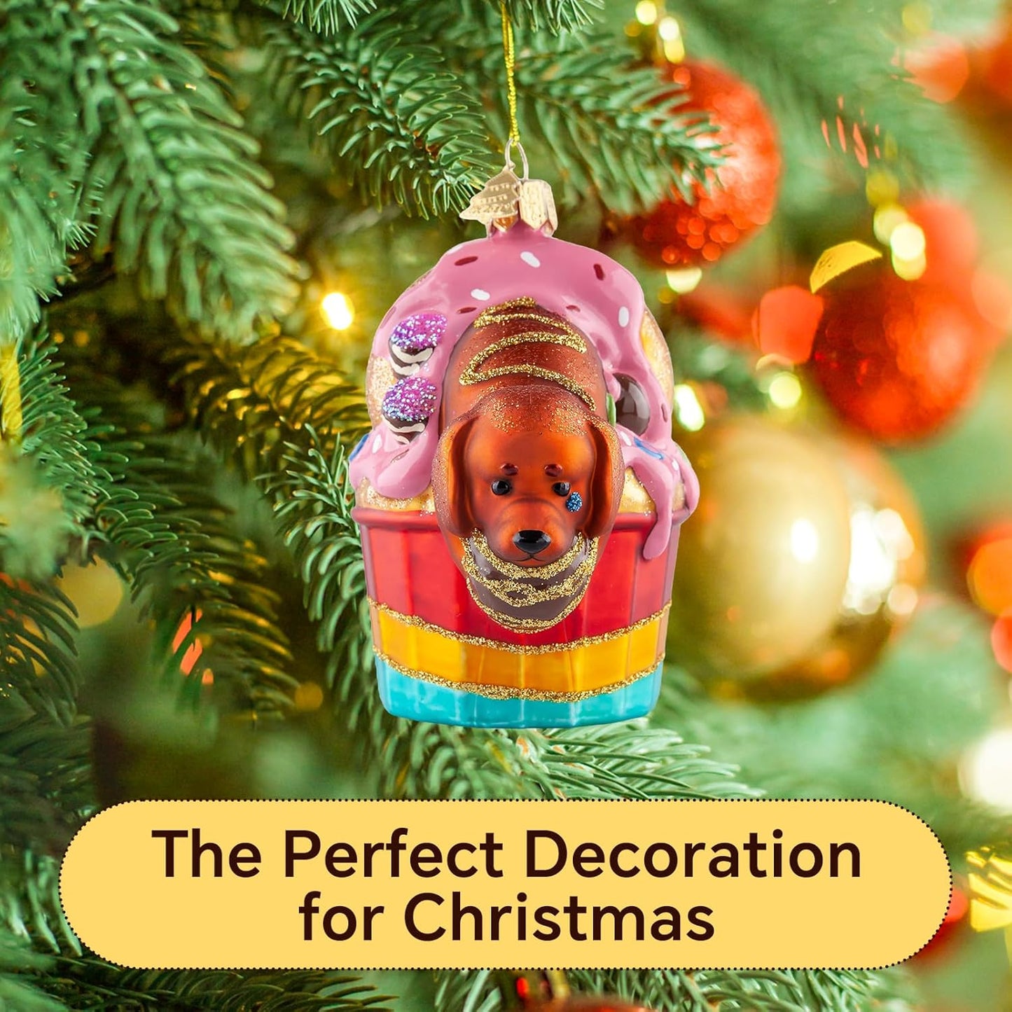 Dog Christmas Tree Ornaments,Hand-Blown Glass Ornaments,Cupcake Collection Figurine Hanging Ornaments,Dachshund Dog Christmas Ornament for Animal Lovers Party Holiday Home Decorations Gifts