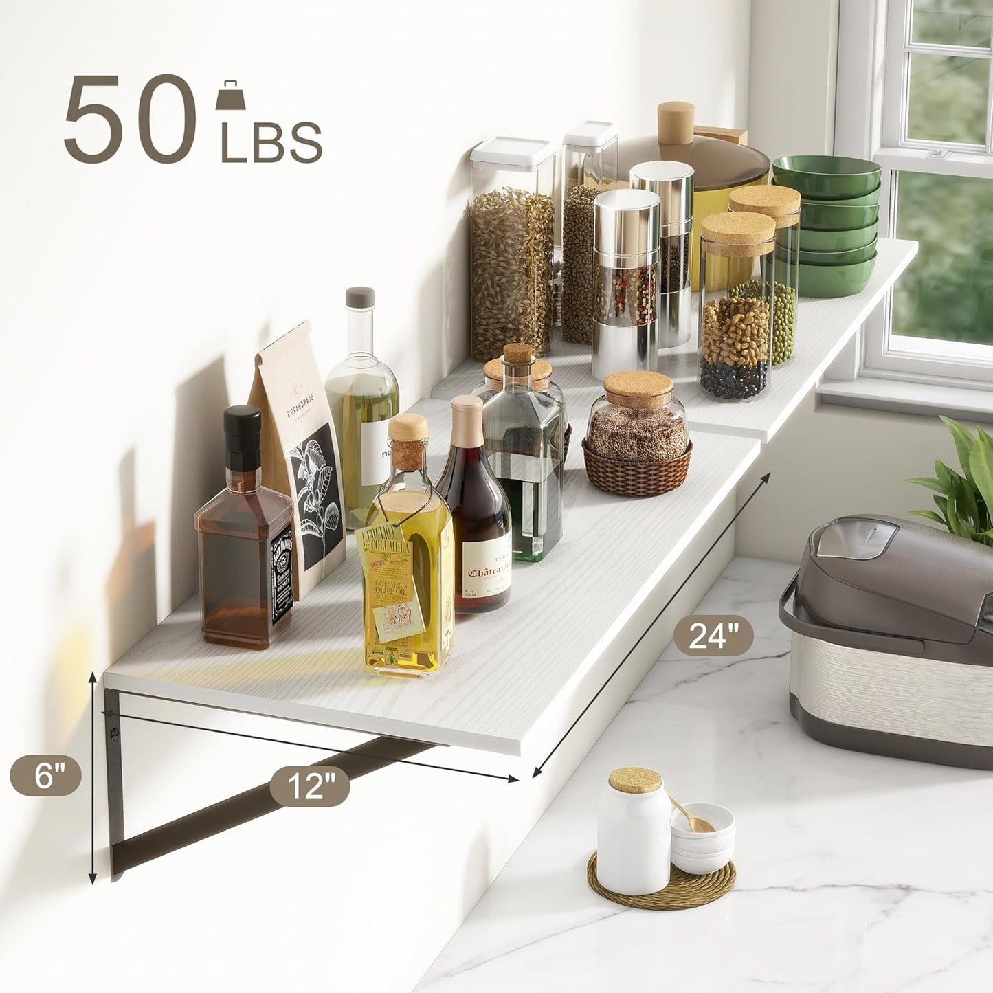 Deep Floating Shelves, 12 Inch Deep Floating Shelves for Wall, 24"W x 12"D Wall Shelves for Books, Rustic White Wooden Shelves, Large Wide Display Shelf for Bathroom, Living Room, Bedroom, Set of 2