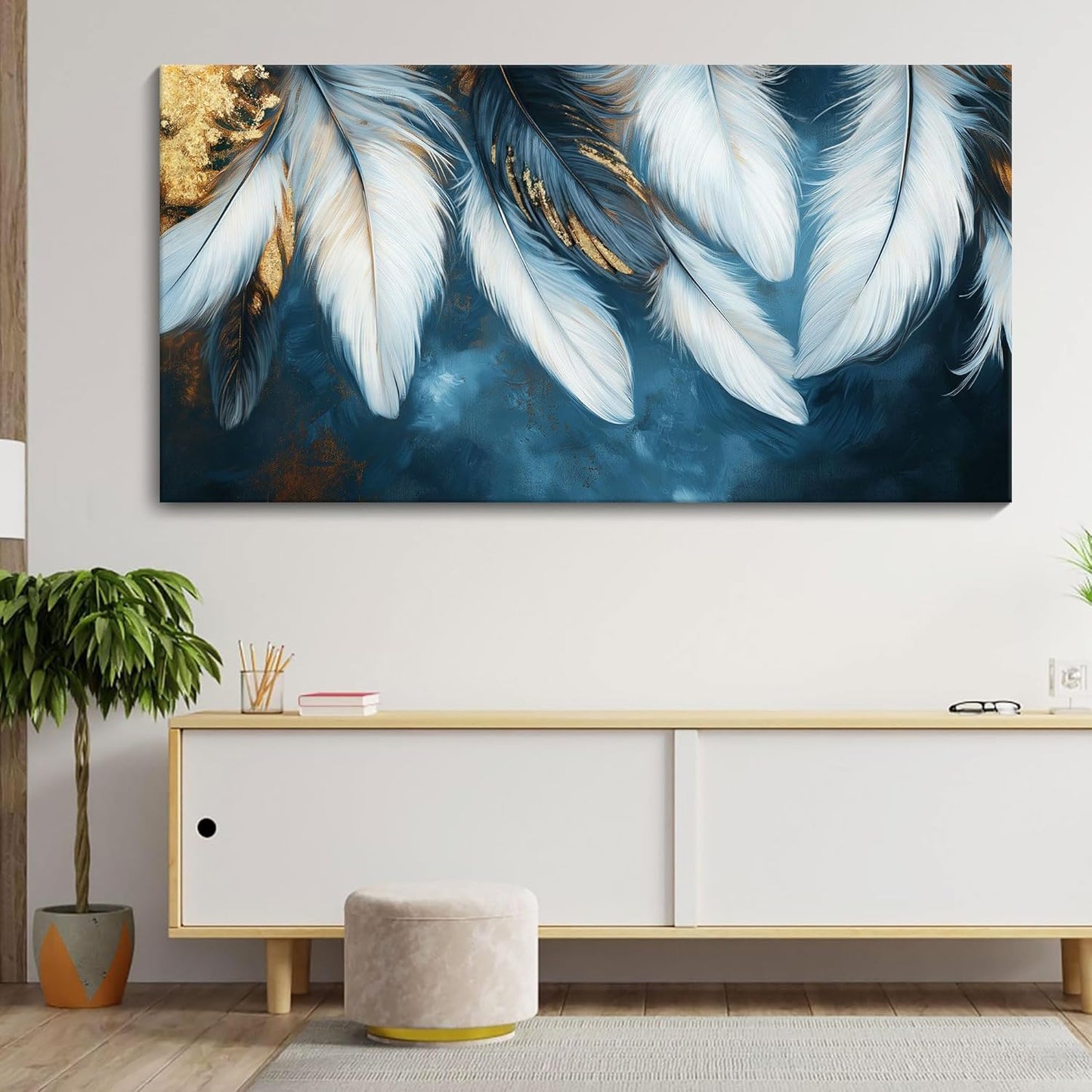 Mofutinpo Blue and Gold Wall Art Navy Blue Decor for Living Room Feather Canvas Art Wall Decor, Blue Bedroom Wall Decor Above Bed Pictures Wall Painting - Artwork for Walls 29×58IN