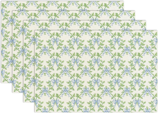 Green Leaf Placemats Set of 4, Blue Bow Table Mat for Home Kitchen, Restaurants, Outdoor Linen Washable Place Mats 12x18 inch Party Event Dining Decoration-01