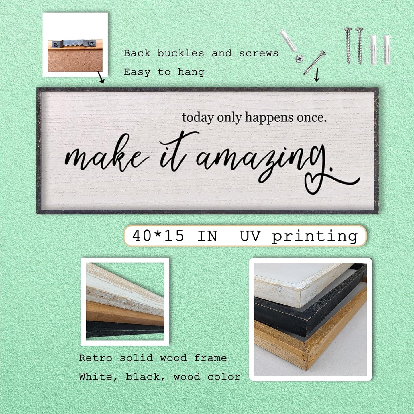 Today Only Happens Once Make It Amazing Wall Decor 40"X15" Quote Inspirational Motivational Sign Wood Frame Wall Art (Black)