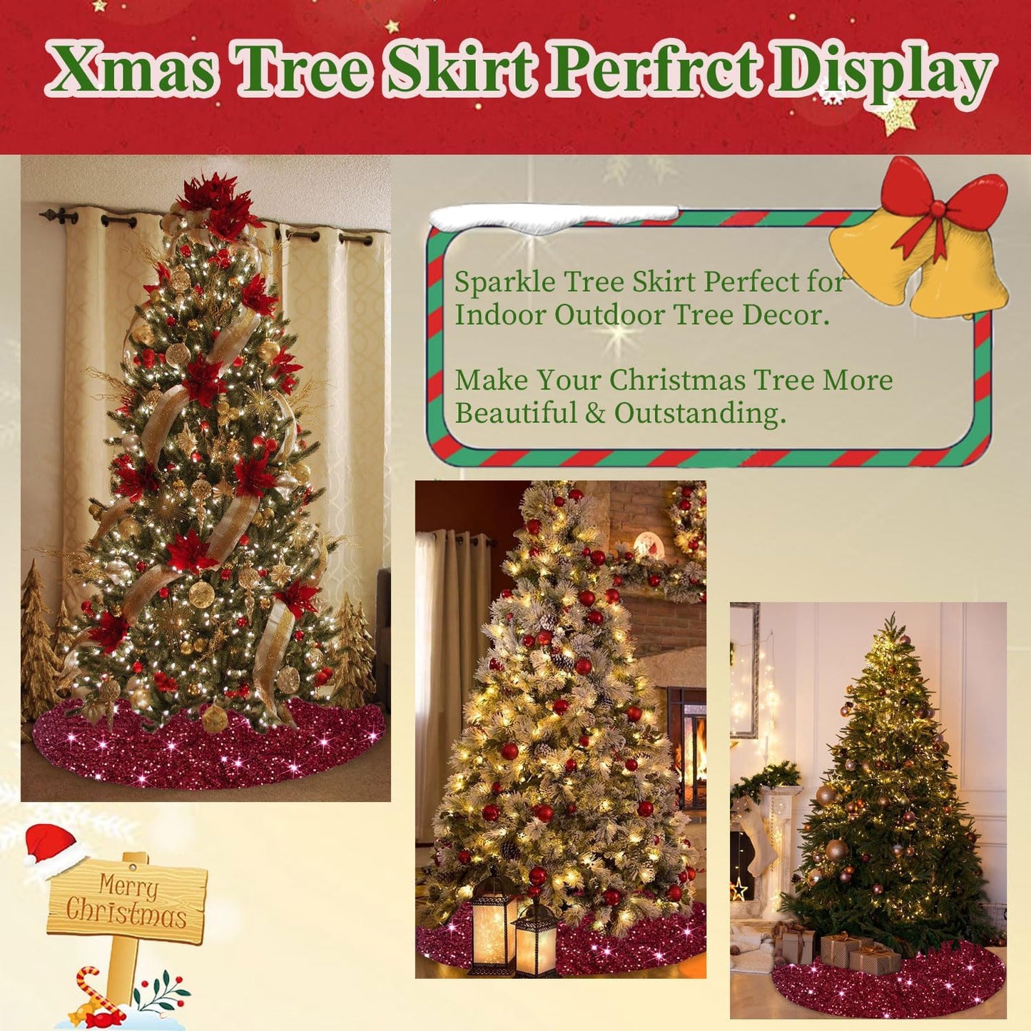 MODFUNS Sequins Christmas Tree Skirt 46 Inch Burgundy Xmas Tree Skirt Soft Fabric Christmas Tree Floor Mat Velvet Tree Skirt Christmas Tree Carpet for Indoor Home Party Decorations