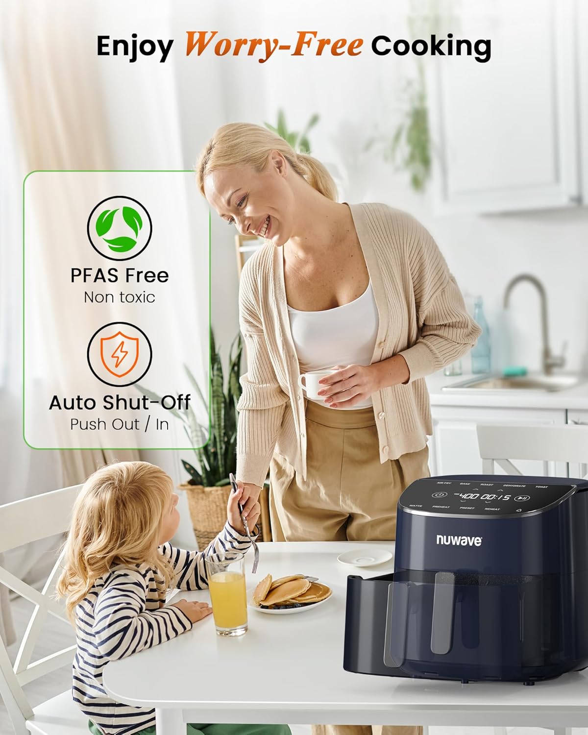 Nuwave Brio Plus Air Fryer 8 Qt, New & Improved, PFAS-FREE, 7 Digital One-Touch Cook Functions that AIR FRY, BAKE, ROAST, DEHYDRATE, TOAST, REHEAT, PREHEAT, 150 Presets, 50°F~400°F (Deep Blue)