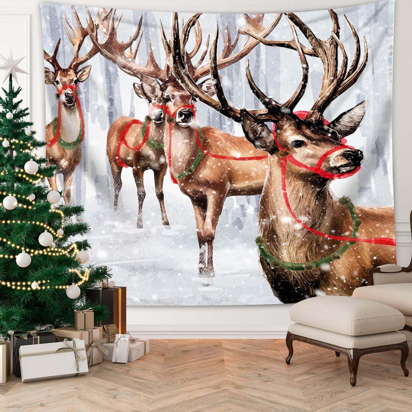 QGHOT Winter Tapestry Wall Hanging Winter Forest Backdrop Christmas Snowy Deer Wall Decor Snow Elk Tapestries for Bedroom Living Room Dorm Party Decoration, Extra Large