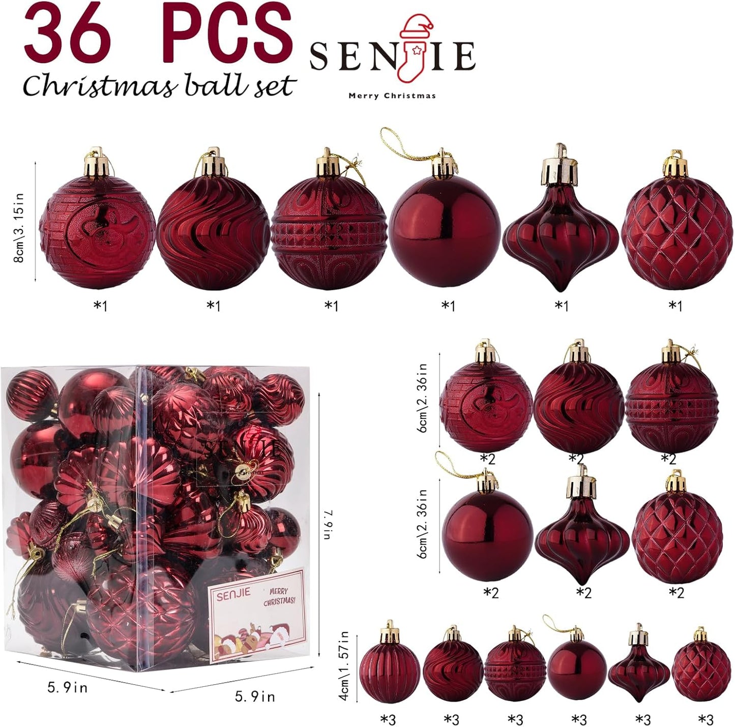 Christmas Ornaments Set with 36pcs Shatterproof Christmas Tree Decorations Multi-Size Christmas Ball Ornaments with 7 Styles Burgundy