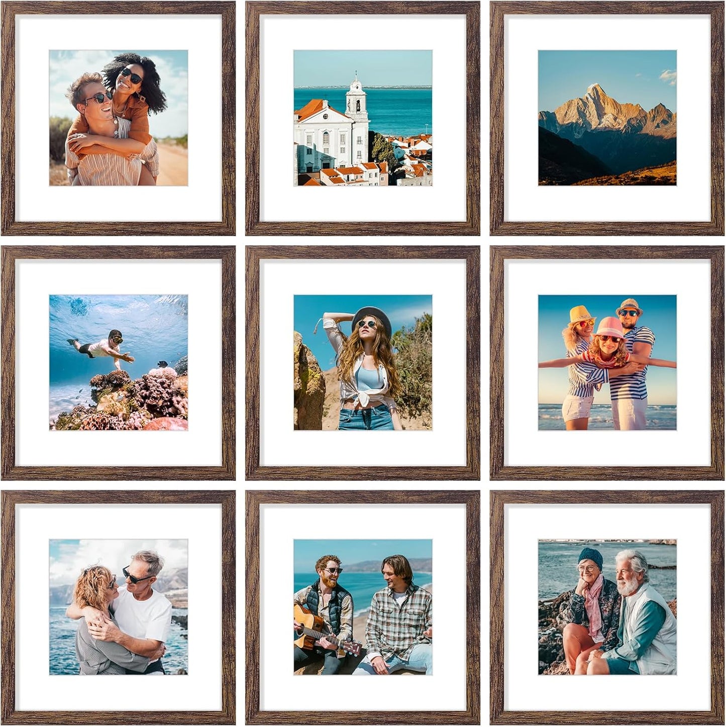 Vittanly 12x12 Picture Frames Set of 9, Shatter Resistant Plexiglass, Display 8x8 Pictures with Mat or 12x12 without Mat, Photo Frames for Wall Mount, Engineered Wood, Brown
