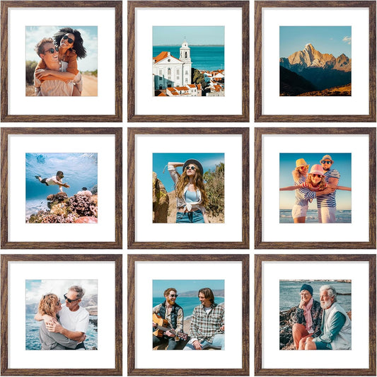 Vittanly 12x12 Picture Frames Set of 9, Shatter Resistant Plexiglass, Display 8x8 Pictures with Mat or 12x12 without Mat, Photo Frames for Wall Mount, Engineered Wood, Brown