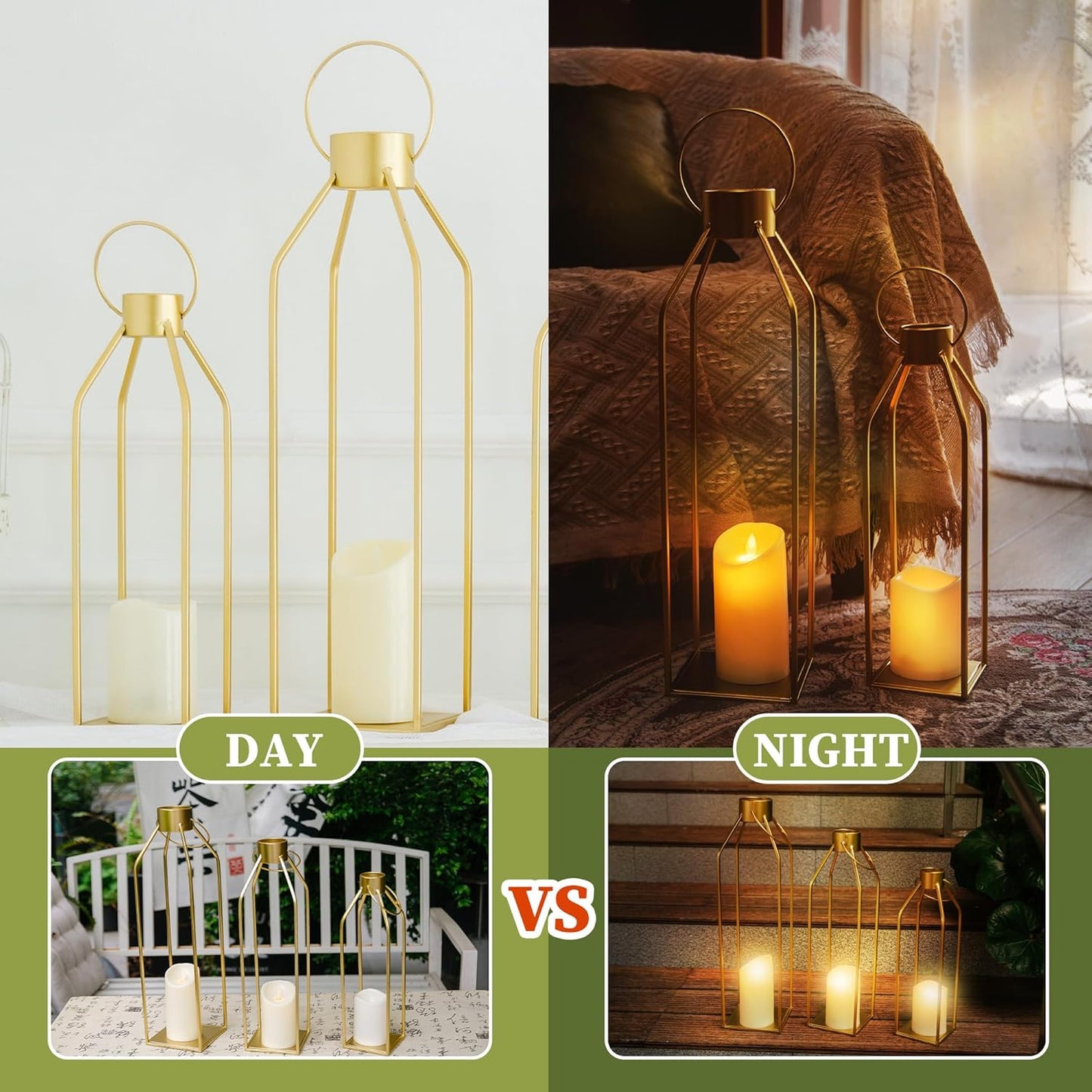 HPC Decor Modern Farmhouse Lantern - 22'' 19'' Large Tall Gold Metal Candle Lanterns with Timer Flickering Candles for Living Room, Outdoor, Fireplace Mantle Decor