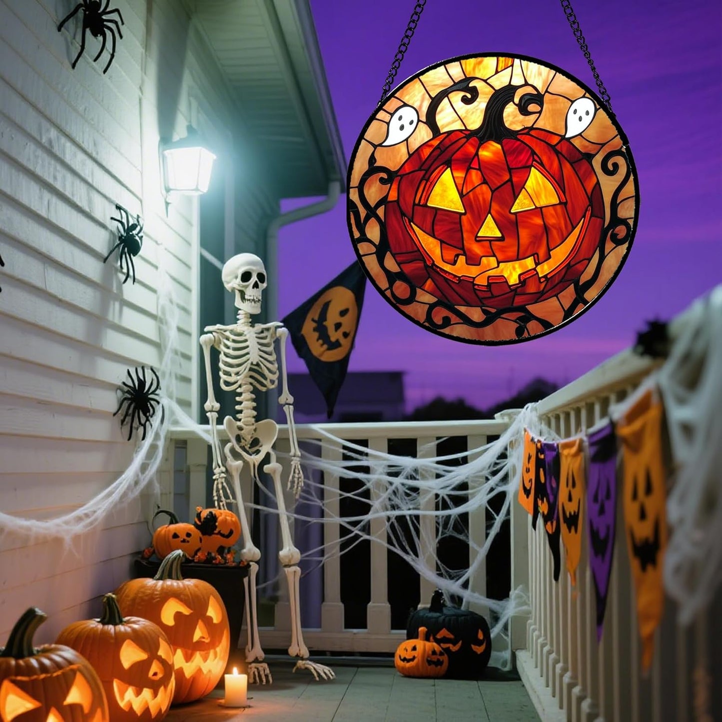 Stained Glass Window Hanging - Halloween Decorations Evil Pumpkin Orange Suncatcher for Doors Garden Indoor Funny Spooky Sun Catchers Gothic Decor Horror Gifts for Women Men Friend 9.8 in