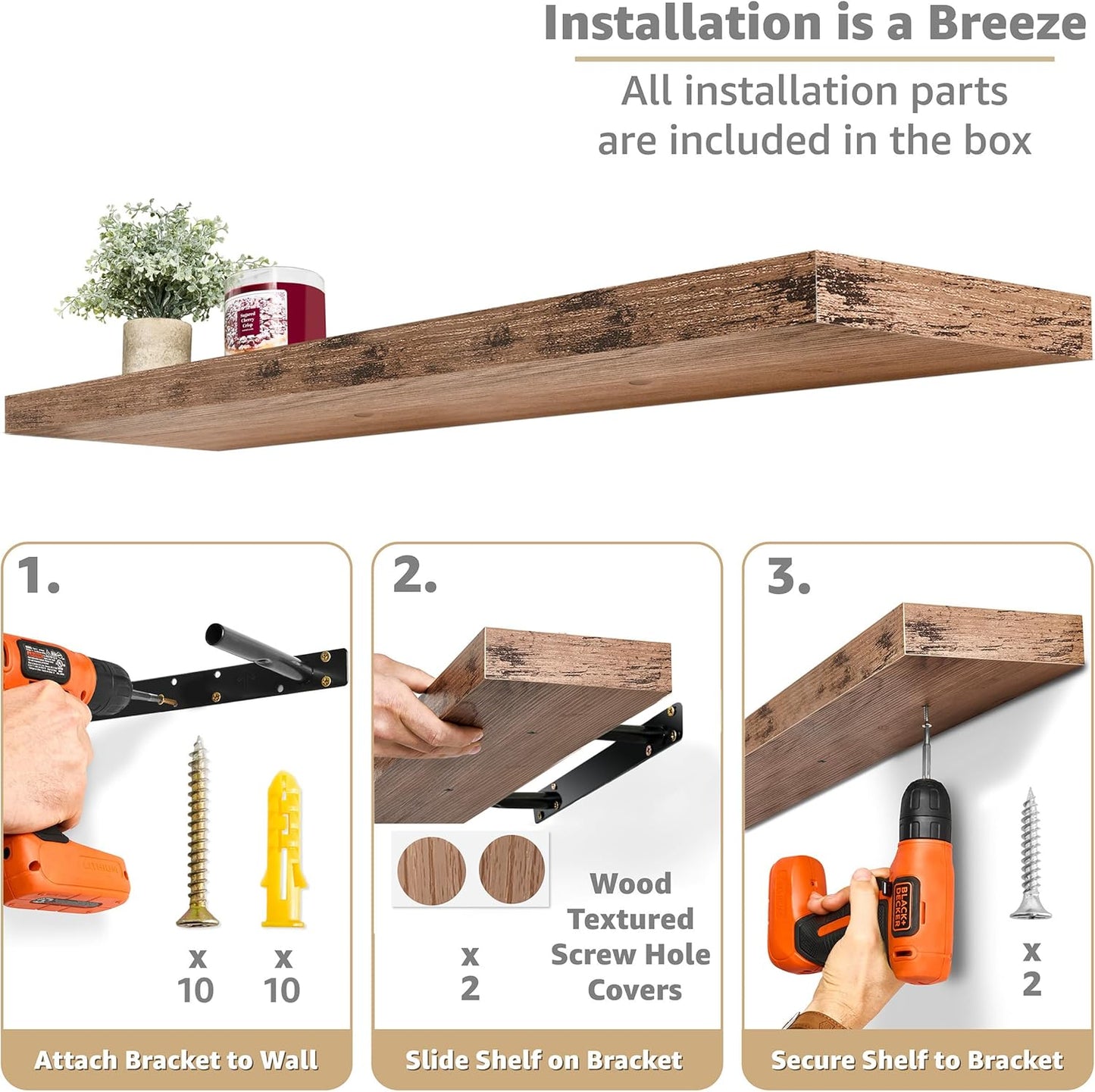 Sorbus Floating Shelves for Wall - 48 Inch Long Bathroom Shelves, Wall Decor for Bedroom, Kitchen, Living Room & Book Storage - Mounted Floating Shelf with Invisible Brackets (Mahogany, 3 Pack)