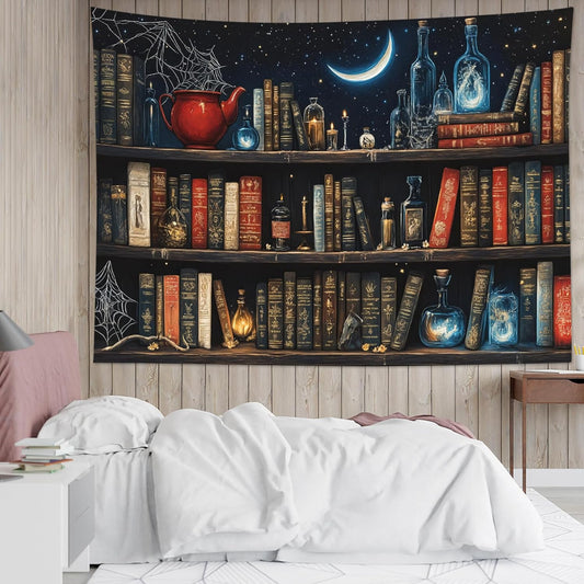 LB Fantasy Bookshelf Tapestry, Horror Spider and Vintage Book with Moon Wall Tapestry for Bedroom Aesthetic, Trippy Galaxy Wall Art for Living Room Dorm Home Decor Ready to Hanging, 59 x 51 Inches