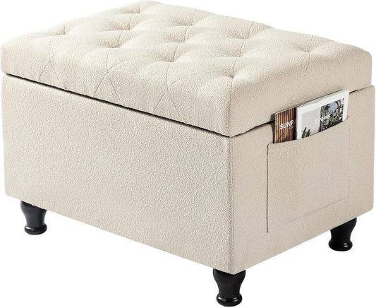 Ottoman with Storage 24'' Storage Ottomans Fabric Ottoman Footstools Small Upholstered Foot Rest Stool for Couch, Living Room, Bedroom, Entrance Shoe Bench Beige