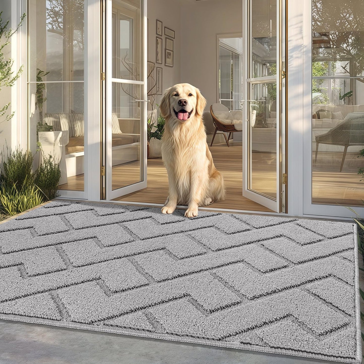 hicorfe Front Door Mat Outside Entrance,36"x59" Absorbent Muddy Dirt Resist Welcome Door Mats Outdoor Indoor,Stain and Fade Resistant,Non Slip Backing Entry Mat Doormat for Entryway(Light Grey)