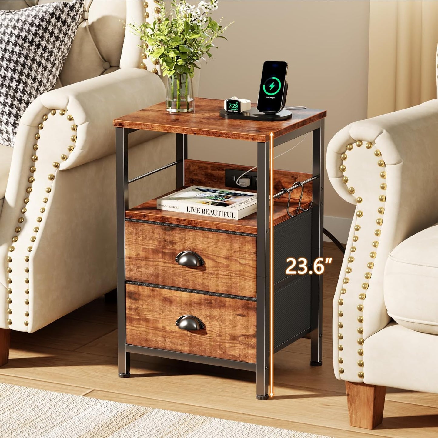 Furologee End Table with Charging Station, Nightstand with Fabric Drawers, Side Table with USB Ports & Outlets, Night Stand with Storage Shelf & Hooks, for Living Room/Bedroom, Rustic Brown