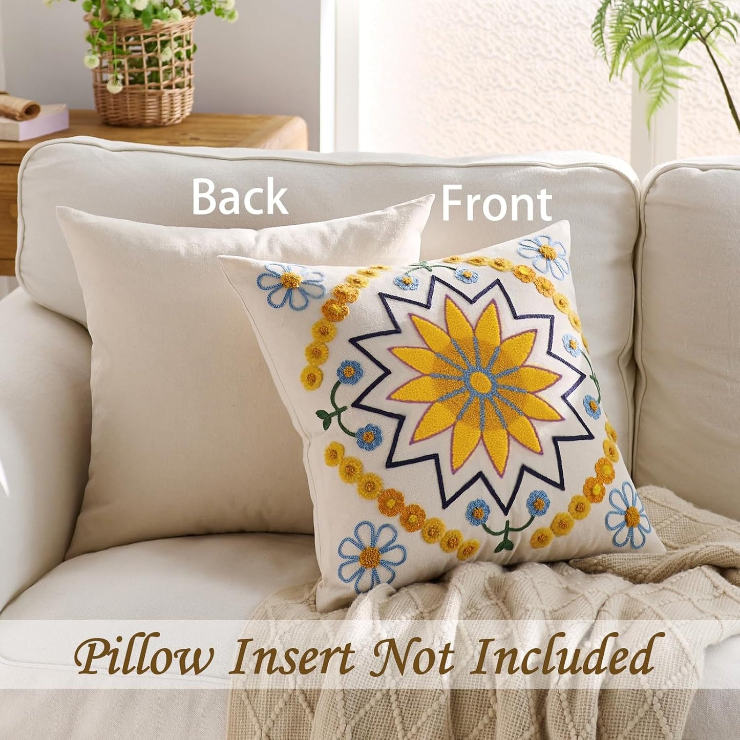 Embroidered Throw Pillow Cover 18x18 Classic Boho Floral Pattern Pillows Cover Outdoor Decorative Pillowcase,Durable Cozy Textured Cushion Case for Sofa Couch Bed Living Room,Yellow